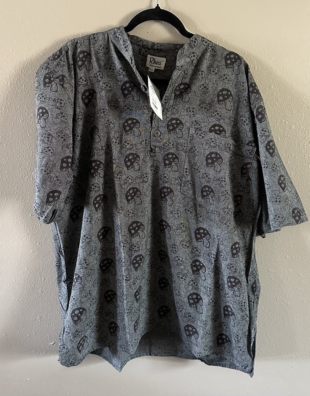 Rhea Mushroom Print Handmade Cotton Chambray Short Sleeve Shirt Gray XXL